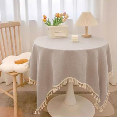 Imagem de KAIJIE Toalha de mesa redonda de algodão e linho com borlas tecido lavável – para mesa de buffet, festas de fim de ano, jantar, casamento e chá de bebê, diâmetro redondo 160 cm, cor café