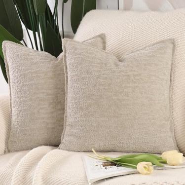 Imagem de Madizz Pacote com 2 capas de almofada de veludo chenille 50 x 50 cm cinza-acinzentado claro macio neutro decorativo fronhas boho para sofá sofá decoração de casa de fazenda moderna