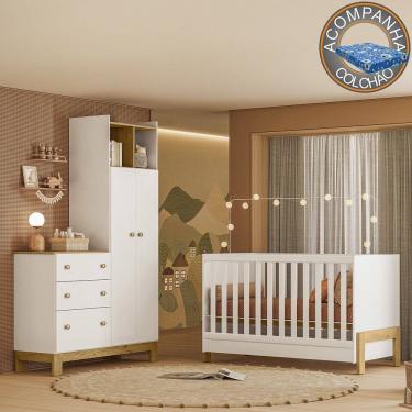 Imagem de Quarto de Bebê com Berço Mini Cama Fantasia e Roupeiro com Cômoda QEncanto Slim Freijó Branco Acetinado Qmovi + Colchão Ortobom