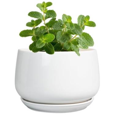 Imagem de G EPGardening Vaso de cerâmica para plantas - Vaso de plantas de 10 cm com drenagem e bandeja de cerâmica, decoração moderna de sala de estar, vaso para presentes de inauguração de casa, branco
