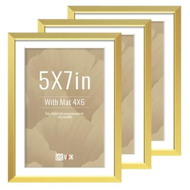 Imagem de VCK Moldura dourada de alumínio 12 x 17 cm, pacote com 3 - vidro transparente, exibe fotos 10 x 15 cm com tapete ou 12 x 18 cm sem tapete, mesa ou pendurar na parede, decoração de casa para sala de