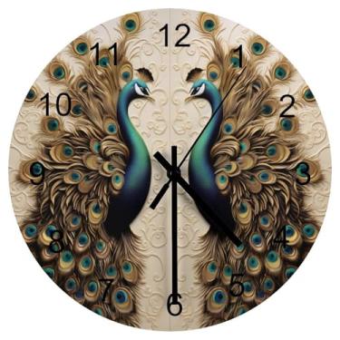 Imagem de LITINGZHILONG Relógio de parede circular com tema de pássaro pavão preto e dourado, decoração personalizada de quarto de pavão em tom semi-escuro na parede de fundo cinza de alta qualidade, relógio de
