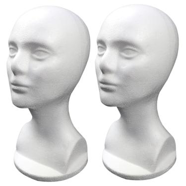 Imagem de Cabeça de manequim 2 peças modelo de cabeça de espuma feminina para perucas chapéus máscaras óculos exibição branco isopor cabelo manequim para salão de casa loja acessórios