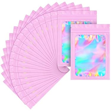Imagem de ZRLEI Pacote com 100 sacos Mylar holográficos à prova de cheiro, embalagem para pequenas empresas, seláveis com zíper, bolsas de amostra, joias, brilho labial, alimentos, sabão, suprimentos eletrônicos (12 × 18 cm, rosa)