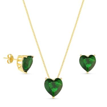 Imagem de Conjunto Colar Brinco de Coracao de Pedra Semi Joias Banhado Ouro 18k (Esmeralda)