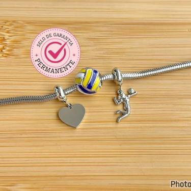 Imagem de Pulseira com berloques Jogadora de vôlei, bola e coração - aço inoxidável, antialérgico, garantia permanente