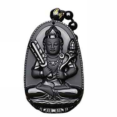 Imagem de Colar 100% obsidiana preta natural Natal Buda Guan Yin bodhisattva amuleto da sorte corrente com pingente de contas, Gema, Obsidiana
