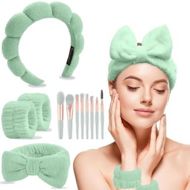 Imagem de CAZYTOYZ Conjunto de faixas de cabelo femininas Sponge Spa, escova de maquiagem inchada, conjunto de faixa de cabeça para lavar o rosto, toalha macia, cuidados com a pele, faixa de cabelo fofa para