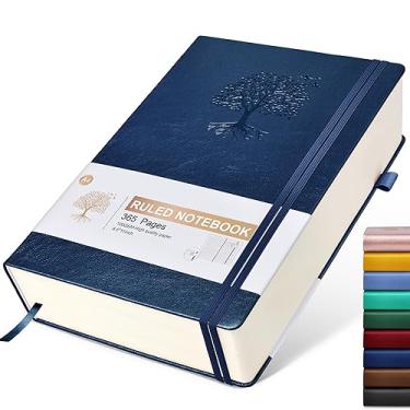 Imagem de Caderno pautado, 365 páginas A4, caderno grande, diário capa dura de couro para mulheres e homens, agenda para trabalho, anotações, papel grosso de 100 g/m² (21,6 cm x 28 cm, azul escuro)