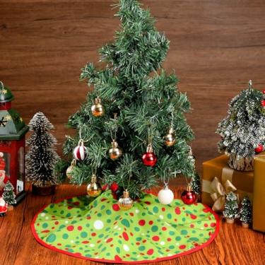 Imagem de Motionchic Saia de árvore de Natal de 38 cm, tapete verde, com bolinhas vermelhas e verdes, para decoração de festa de Natal