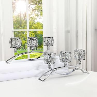 Imagem de Remerry Conjunto de 4 castiçais de cristal de prata com 3 braços, tigela de cristal, candelabro, arco de candelabro, mesa de centro de mesa para sala de jantar, casamento, enfeites de armário, casa