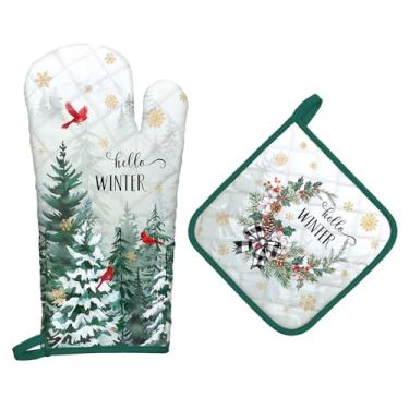 Imagem de Arquiel Conjuntos de luvas de forno e suportes de panela de pinheiro de inverno, 2 peças, 100% algodão, resistentes ao calor, luvas de forno extralongas para cozinha, cozinha, decoração de panificação