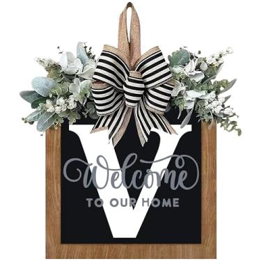 Imagem de Guirlanda de porta da frente com sobrenome de 35 cm, guirlanda de porta de boas-vindas com 26 letras para porta da frente externa, guirlanda de boas-vindas e eucalipto e laço adequado para todas as