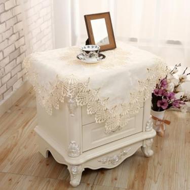 Imagem de Wuluwala Toalha de mesa quadrada de cabeceira, capa de mesa de cabeceira, toalha de mesa de renda de macramê, bordada, floral, pequena toalha de mesa de tecido de cetim, decoração para festivais de