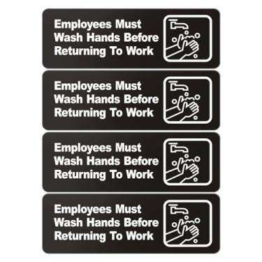 Imagem de Faittoo Os funcionários devem lavar as mãos antes de retornar ao trabalho, (embalagem com 4) placa de plástico acrílico de 22 x 7,6 cm com símbolos, autoadesiva, para restaurante, hotel, motel