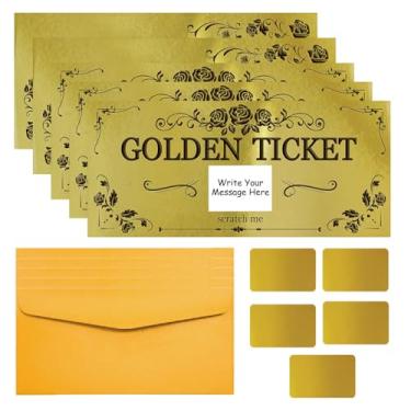 Imagem de PLIGREAT Pacote com 5 bilhetes de ouro rosa, cartões de raspar com envelopes, cartão surpresa de revelação, cartões de cupons faça você mesmo para aniversário, feriado, presente de sorteio de voucher
