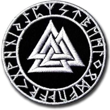Imagem de NeatPatch Patch de símbolo Valknut ferro no martelo nórdico Thor Viking Odin Biker Applique Old Norse Rider Biker Punk Heavy Metal Hard Rock Tatto Bordado Ferro no Emblema Letra Moral Patch