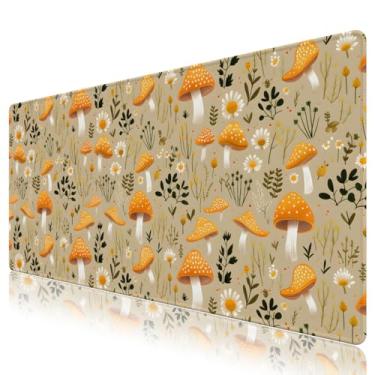 Imagem de YQE Tapete de mesa estético cogumelo, mouse pad grande engraçado e fofo para jogos XXL, mousepad estendido 90 x 40 cm, tapete de mesa grande completo para decoração de escritório, teclado longo,
