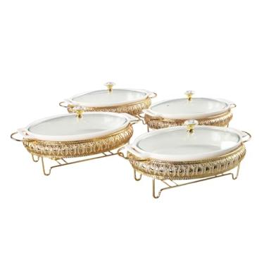 Imagem de jinsongdafa Caçarola oval de cerâmica de 28 cm x 18 cm com tampa de vidro e prateleira dourada, conjunto de 4 tesouras de sopa brancas de 1,3 litro, prato de atrito para buffet, bandeja de conserva de