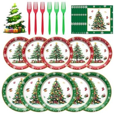Imagem de Baolaiballoon 96 peças de pratos e guardanapos de Natal descartáveis para árvore de Natal vermelha verde suprimentos de festa decorações utensílios de mesa para artigos de festa de Natal