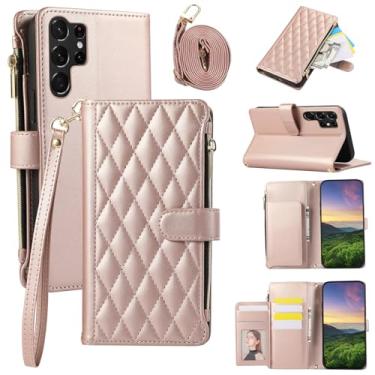 Imagem de Capa carteira para Samsung Galaxy S23 Ultra, capa de couro com 6 compartimentos para cartão e 1 compartimento para dinheiro e 1 bolsa com zíper, fivela magnética à prova de choque com alça de mão e