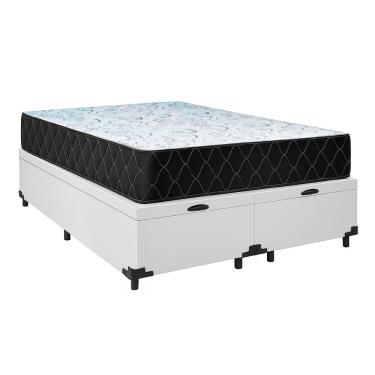 Imagem de Cama Box Baú Queen 158 Tecido Sintético Branco Com Colchão Marrocos - Poliéster - Espuma D33 30cm