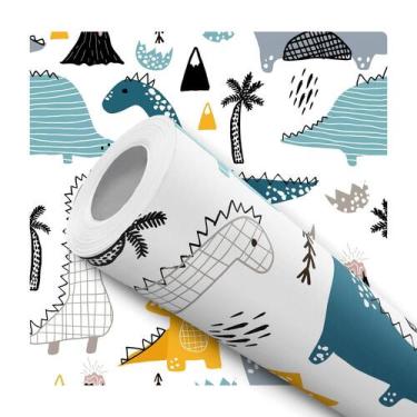 Imagem de Papel de Parede Adesivo Dinossauro Azul Amarelo Infantil Bebê Moderno 