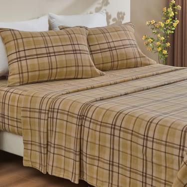 Imagem de Ivellow Jogo de lençóis de flanela, tamanho Queen, com bolso profundo, escovado, extra macio, confortável, respirável, 4 peças, cáqui, xadrez, lã, lençol queen, quente, aconchegante, sem bolinhas