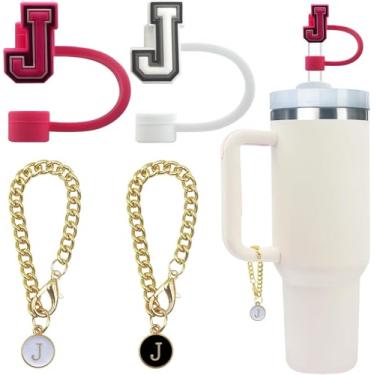 Imagem de 4 peças de acessório de garrafa de água com letras fofas compatíveis com copos Stanley, tampa de cobertura de canudo à prova de poeira de silicone, pingente de chaveiro de copo personalizado