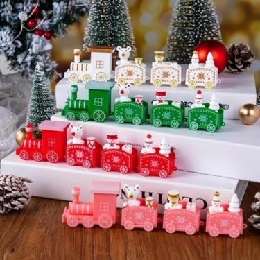 Imagem de 4 peças de enfeite de trem de Natal decoração de bolo de Papai Noel para mesa de casa Navidad festa de ano novo presentes de Natal suprimentos de brinquedos (vermelho + verde + branco + rosa - 4 peças