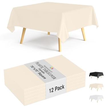Imagem de Party Solids Pacote com 12 toalhas de mesa descartáveis de plástico marfim – Tamanho: 177 × 177 cm – Capa de mesa quadrada para festas, piqueniques e eventos formais