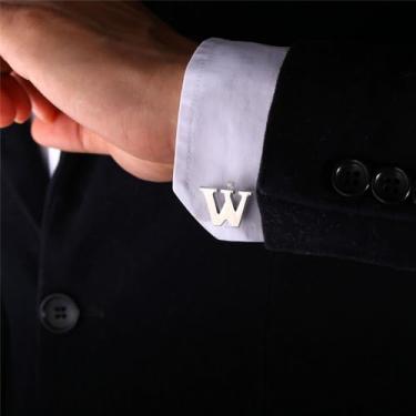 Imagem de Abotoaduras iniciais de aço inoxidável 26 abotoaduras de letra inicial do alfabeto camisas de casamento de negócios A-Z, One Size, Aço inoxidável, Sem Pedra Preciosa