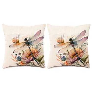 Imagem de Cott N Curls Conjunto de 2 fronhas de almofada libélula em sonho de libélula - Capas de almofada florais vintage 50 x 50 com inserções, capas de almofada botânicas Boho para Shabby Chic, Country