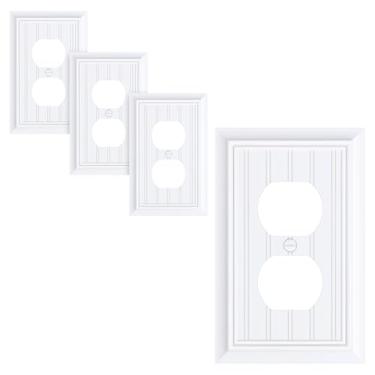 Imagem de Pacote com 4 placas clássicas para tomada frente e verso, placas decorativas de interruptor branco puro e tampas de tomada, placas de parede de fibra de bambu natural para tomadas elétricas, 1 capa de