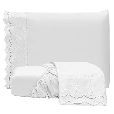 Imagem de Jogo De Lençol Realce Queen 3 Peças Percal 300 Fios Bordado Inglês Macio - Branco - 100% Poliéster
