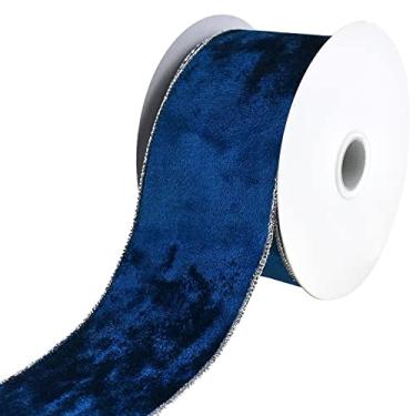 Imagem de Homeford Fita com fio de veludo natalino e parte traseira metálica, 5,8 cm - azul-petróleo/prata