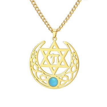 Imagem de PDOUSELF Colar de estrela de Davi em aço inoxidável com pingente hexagonal com elemento Chai Moon Element Jewish Christian Jewelry Gifts, 20, Aço inoxidável, Sem Pedra Preciosa