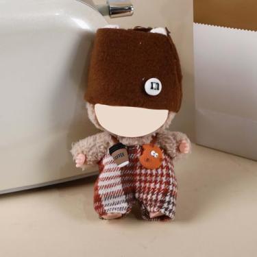 Imagem de Compatível com Labubu (sem boneca) - Conjunto com tema de café marrom-vinho (boina + macacão xadrez com xícara de café e decoração de biscoitos), roupas de boneca de 15 cm/17 cm