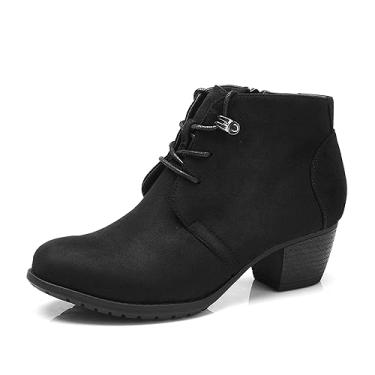 Imagem de VJH confort Botas femininas de cano curto, bico redondo com cadarço e salto baixo confortáveis com zíper lateral, Preto, 11
