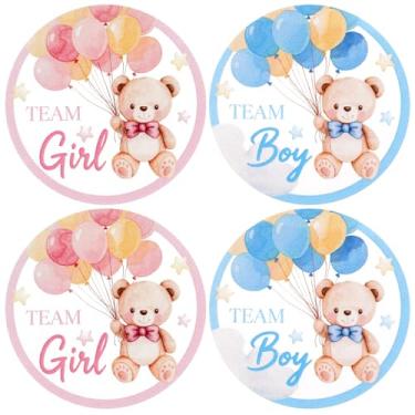Imagem de 100 peças adesivos de urso fofo 5 cm redondo time menino time menina gênero revelar decalques de papel autoadesivos de revelação de gênero para chá de bebê, material de festa