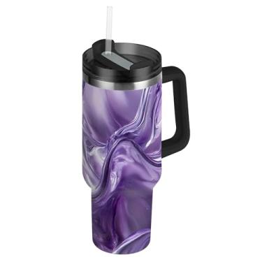 Imagem de SEHANY Copo de metal líquido roxo de 1,134 g com tampa e canudo, aço inoxidável de vácuo duplo isolado garrafa de água esportiva suporte para copo de café de viagem à prova de vazamento para bebida