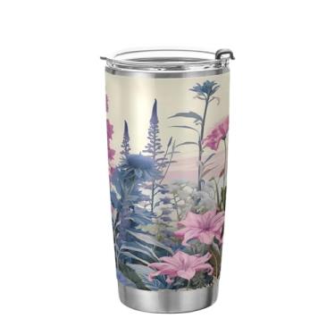 Imagem de xigua Copo de flores silvestres de jardim aquarela com tampa de palha, caneca de viagem a vácuo de parede dupla, caneca de café bem isolada, copo de aço inoxidável para bebidas quentes e frias, 600 ml