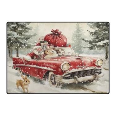 Imagem de Blueangle Tapetes de Natal laváveis de 12 x 16,7 cm para sala de estar - Tapete ultramacio antiderrapante resistente a manchas com estampa de carro vermelho vintage, decoração de férias para quarto e