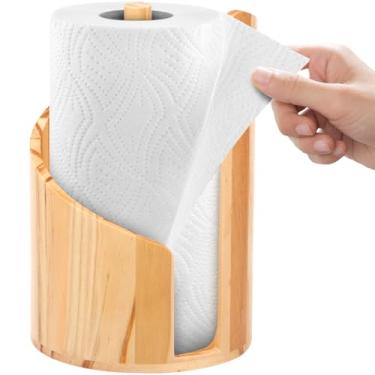 Imagem de Suporte de toalha de papel de bancada de montanha, base redonda de madeira de manga com suporte de ferro, design moderno de capa em espiral, rasga com uma mão sem esforço, comporta rolos jumbo e mega