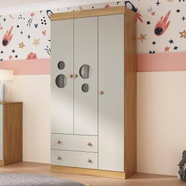 Imagem de Guarda-roupa Infantil 92cm com Vidro 3 Portas e 2 Gavetas Pirulito Multimóveis MP4467