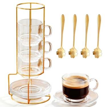 Imagem de SJORHNUS Conjunto de 4 xícaras de chá e pires de 153 g, xícara de cappuccino, xícara pequena empilhável para café, expresso, latte, cappuccino, chá - com suporte de armazenamento e colheres de café