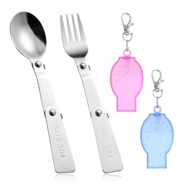 Imagem de Conjunto de 2 peças de garfo e colher dobrável, colher e garfo dobrável portátil de aço inoxidável com 2 estojos de armazenamento de plástico para substituição de viagens ao ar livre, compatível com