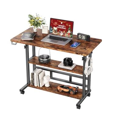 Imagem de Mesa de pé de altura ajustável, mesa de suporte com prateleiras de armazenamento, mesa pequena para computador móvel de 80 cm, mesa portátil para laptop (marrom simples)