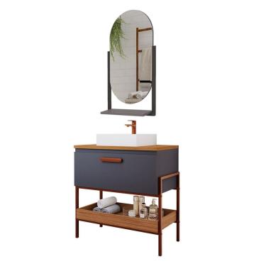 Imagem de Armário Banheiro 80cm Mdf Porta Pratelei Espelheira Titanium