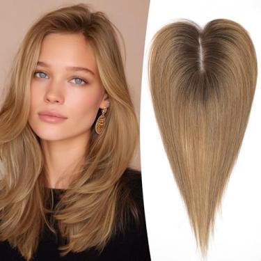 Imagem de EMMOR Topper de cabelo humano de 35,5 cm para mulheres com base amarrada à mão de 10 × 12 cm, cobertura de cabelo 100% real para queda de cabelo com 4 clipes antiderrapantes, apliques de cabelo de